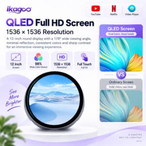 Round QLED Android screen resolution feature graphic for MINI