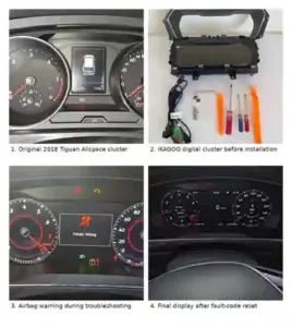 2018 VW Tiguan Allspace digital cluster installation case showing original cluster, iKAGOO unit, diagnostic warning and final working display