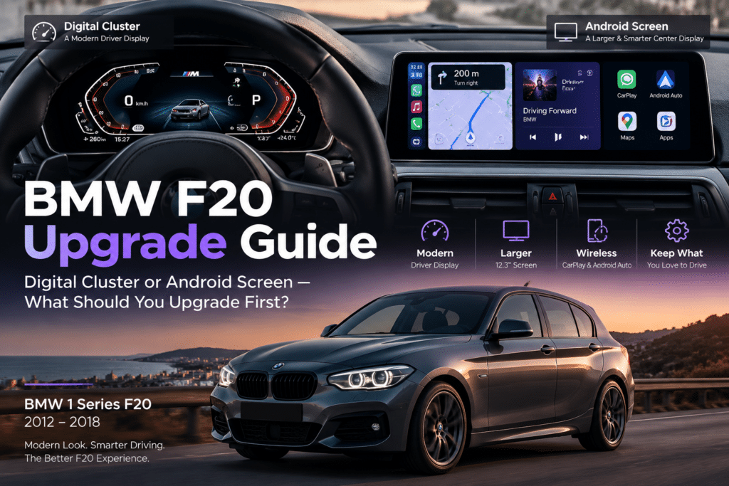 Guida all'upgrade della BMW F20 che confronta cluster digitale e schermo Android per l'abitacolo