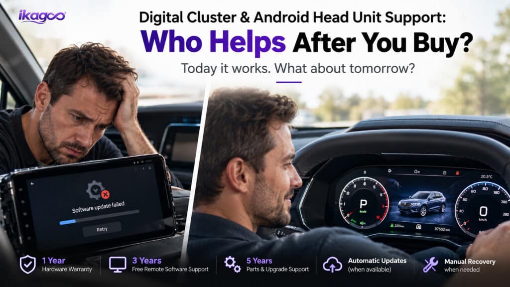 Supporto a lungo termine per l'elettronica auto: confronto per l'acquirente di sei casi reali di chat con clienti e supporto iKAGOO di 1 anno per l'hardware, 3 anni per il software, 5 anni per i componenti