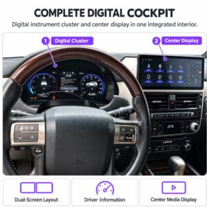 Interni Lexus GX460 che mostrano il quadro strumenti digitale installato dietro il volante e il display infotainment centrale